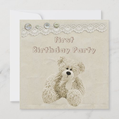 Teddy Bear Vintage Lace 1st Birthday Party Invitation