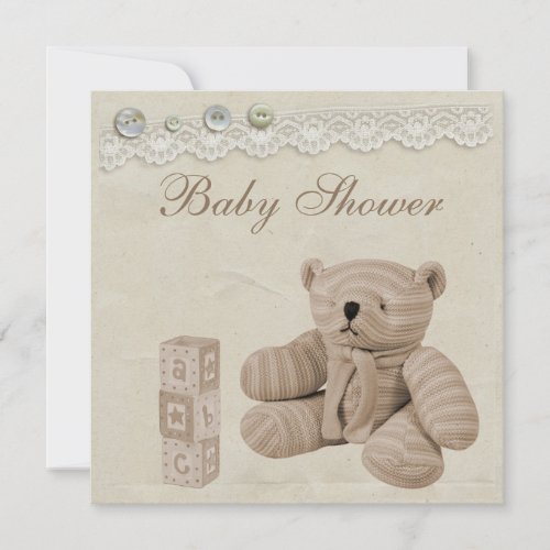 Teddy Bear Vintage Lace Neutral Baby Shower Invitation