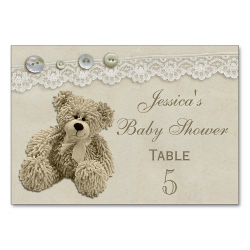 Teddy Bear Vintage Lace Personalized Baby Shower Table Number