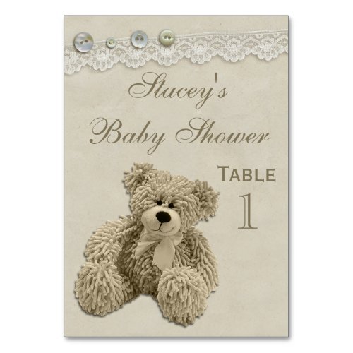 Teddy Bear Vintage Lace Personalized Baby Shower Table Number