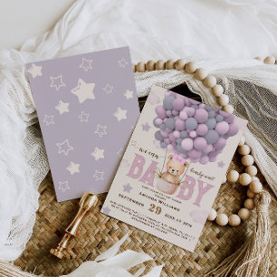 Teddy Bear Violet Pink Baby Girl Shower Invitation
