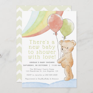 Teddy Bear /w Balloons & Rainbow Baby Shower Invitation