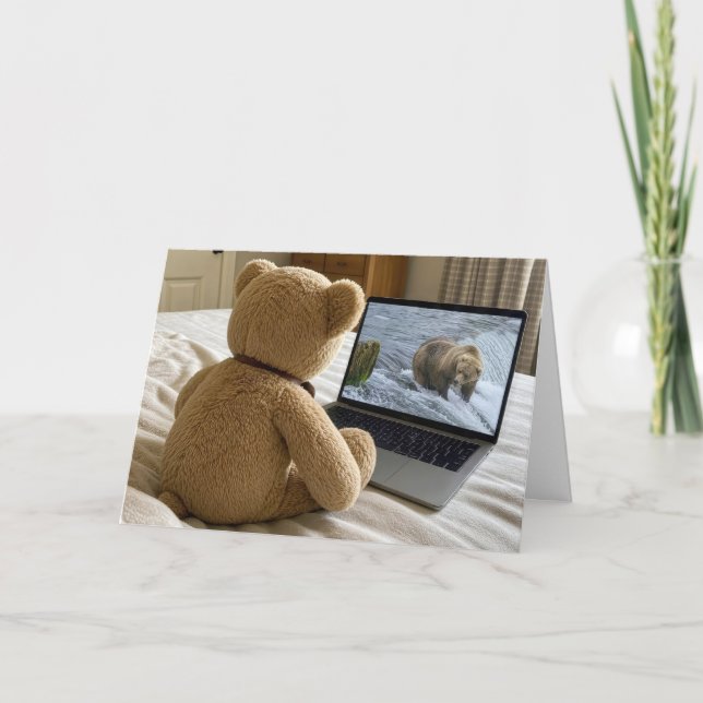 Teddy Bear Watching Grizzly on Laptop Card (Front)