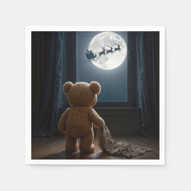 Teddy Bear Watching Santa Claus and Reindeer Napkins (Front)