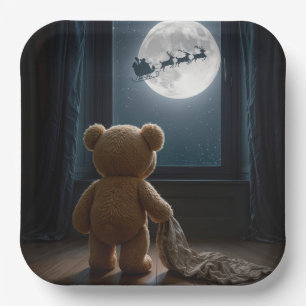 Teddy Bear Watching Santa Claus and Reindeer Paper Plates