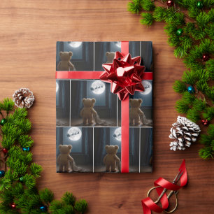 Teddy Bear Watching Santa Claus and Reindeer Wrapping Paper