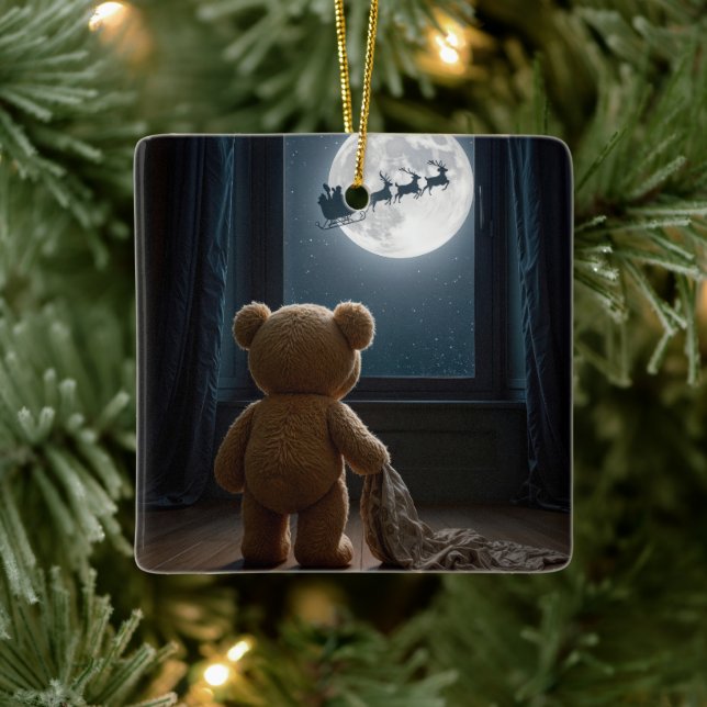 Teddy Bear Watching Santa Claus Ceramic Ornament (Tree)