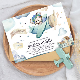 Teddy Bear Watercolor Airplane Baby Shower Invitation