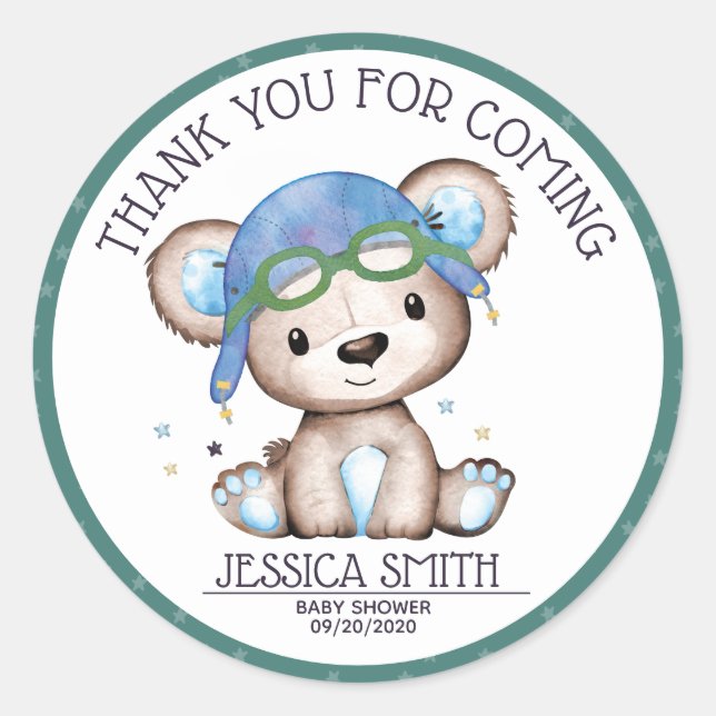 Teddy Bear Watercolor Airplane Classic Round Sticker (Front)
