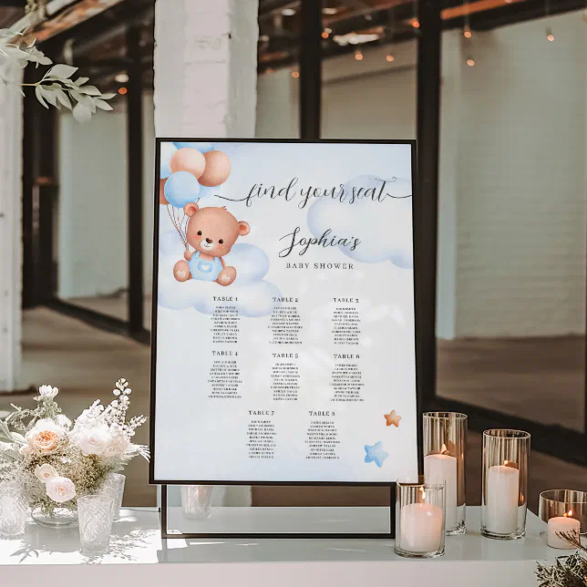 Teddy Bear Watercolor Baby Shower Seating Chart 