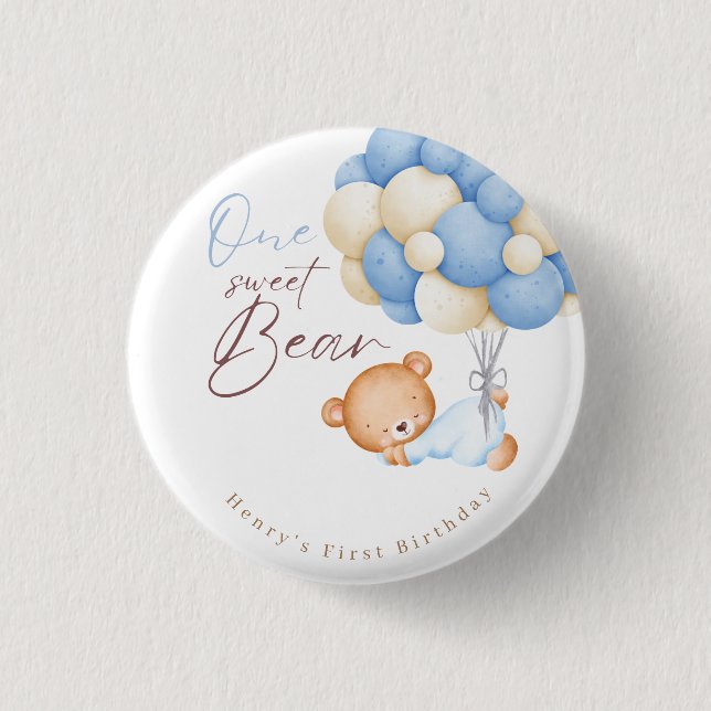 Teddy Bear Watercolor Boy 1st Birthday Party Button (Front)