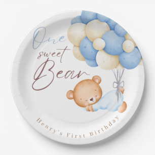 Teddy Bear Watercolor Boy 1st Birthday Party Paper Plates