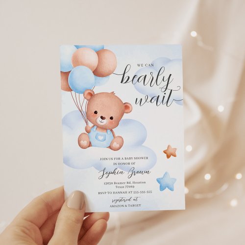 Teddy Bear Watercolor Boy Baby Shower Invitation