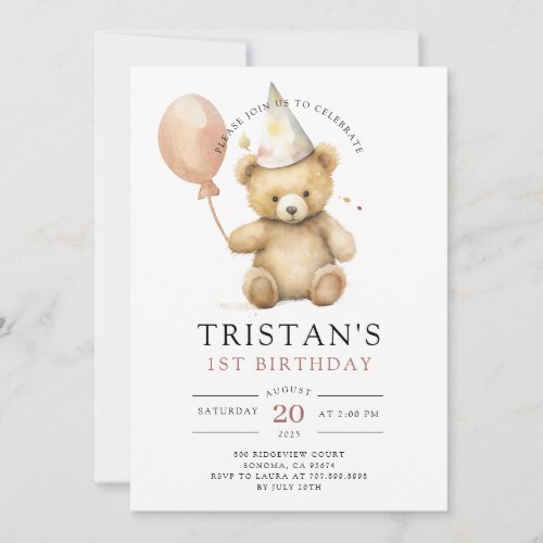 Teddy Bear Watercolor Boys 1st Birthday  Invitation