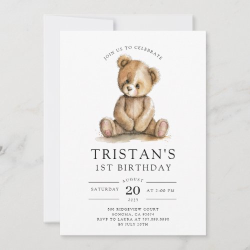 Teddy Bear Watercolor Boys 1st Birthday  Invitation