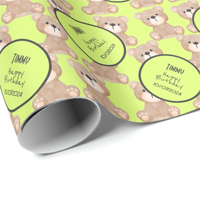 Teddy Bear Watercolor First Birthday Light Yellow Wrapping Paper (Roll Corner)