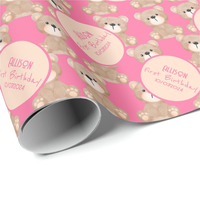 Teddy Bear Watercolor First Birthday Pink Wrapping Paper (Roll Corner)
