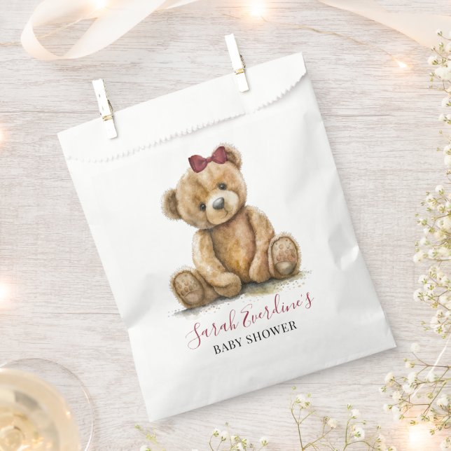 Teddy Bear Watercolor Girl Baby Shower Favor Bag (Clipped)