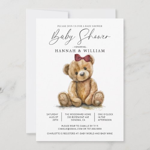 Teddy Bear Watercolor Girl Baby Shower Invitation