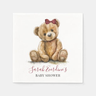 Teddy Bear Watercolor Girl Baby Shower Napkins
