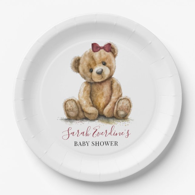 Teddy Bear Watercolor Girl Baby Shower Paper Plates (Front)