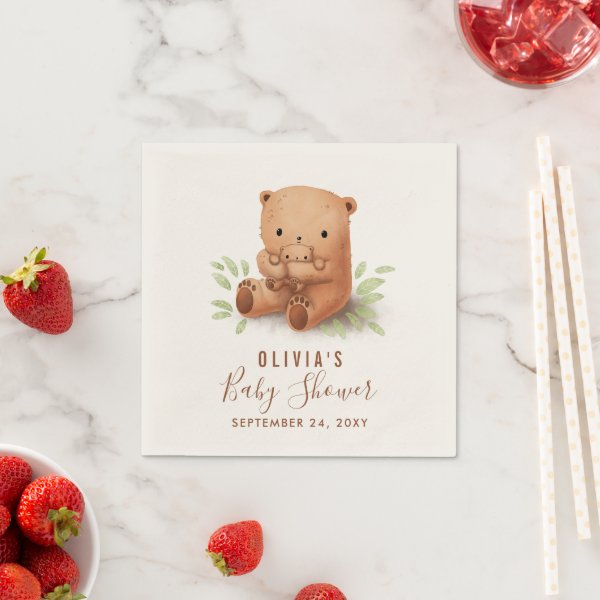 Teddy Bear Watercolor Mommy with Baby Shower Decor Napkins