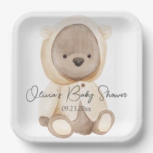Teddy Bear Watercolor Personalized Baby Shower Paper Plates