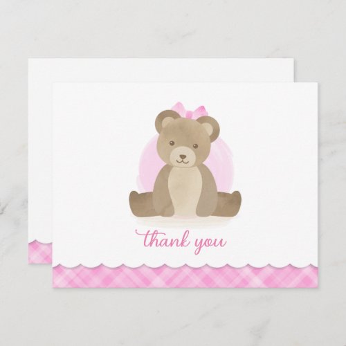 Teddy Bear Watercolor Pink Baby Shower Thank You Note Card
