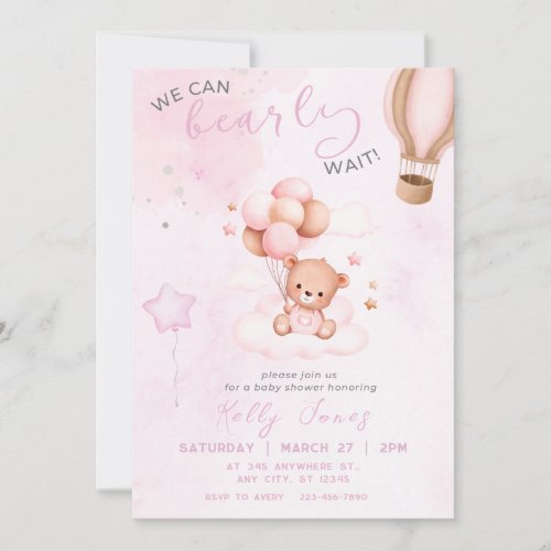 Teddy Bear Watercolor Pink Girl Baby Shower Invitation