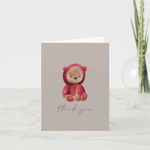 Teddy Bear Watercolor Red Brown Neutral Thank You Card