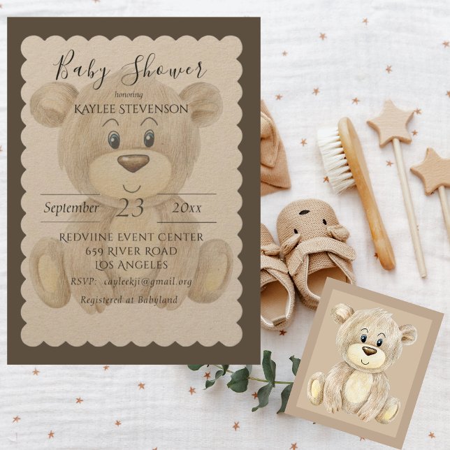 Teddy Bear Watercolor Rustic Baby Shower Invitation (Creator Uploaded)