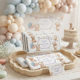 Teddy Bear Watercolor Stars Moon Purple Hearts Hershey Bar Favors