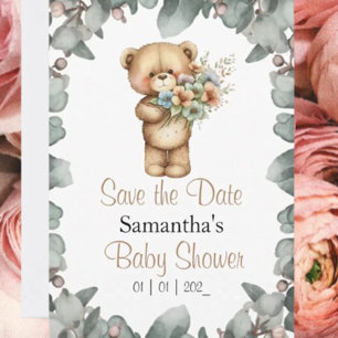Teddy Bear Watercolor White the Date Invitation