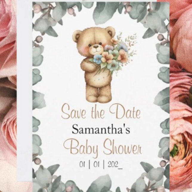 Teddy Bear  Watercolor White the Date Invitation (Get ready for an unforgettable celebration with our adorable teddy bear baby shower invitation! )