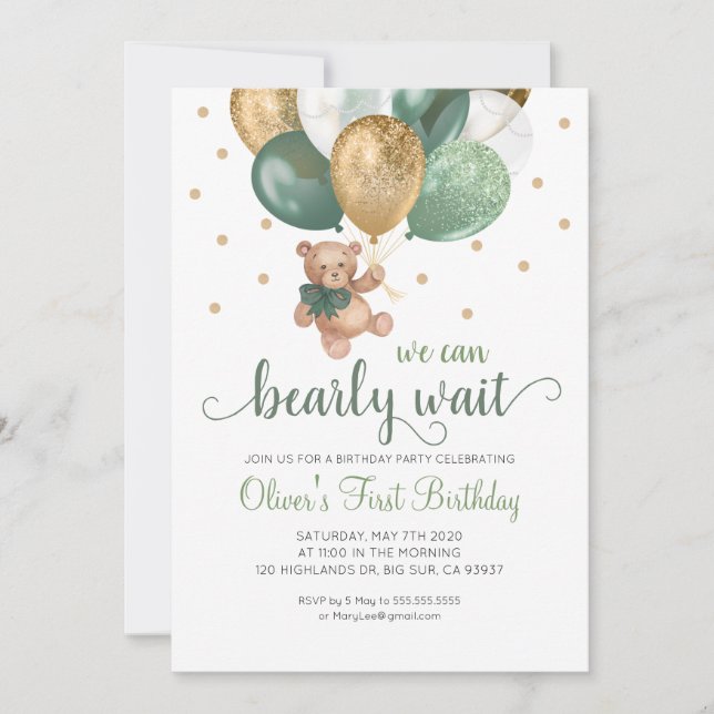 Teddy Bear We Can Bearly Wait Baby Birthday Invitation (Front)