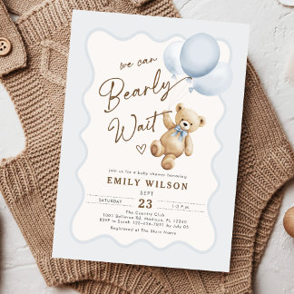 Teddy Bear We Can Bearly Wait Baby Boy Shower Invitation