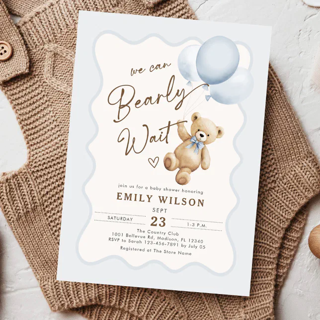 Teddy Bear We Can Bearly Wait Baby Boy Shower Invitation | Zazzle