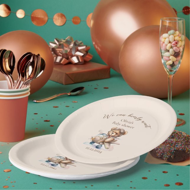 Teddy bear we can bearly wait baby shower paper plates (Multi)