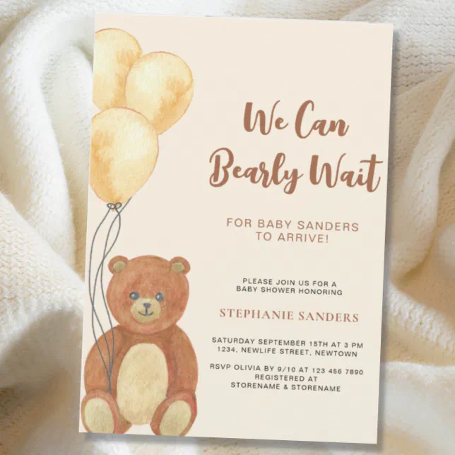 Teddy Bear We Can Bearly Wait Balloon Baby Shower Invitation | Zazzle