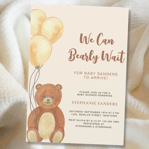 Teddy Bear We Can Bearly Wait Balloon Baby Shower  Invitation