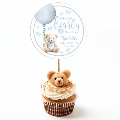 Teddy Bear We Can Bearly Wait Blue Baby Shower Classic Round Sticker