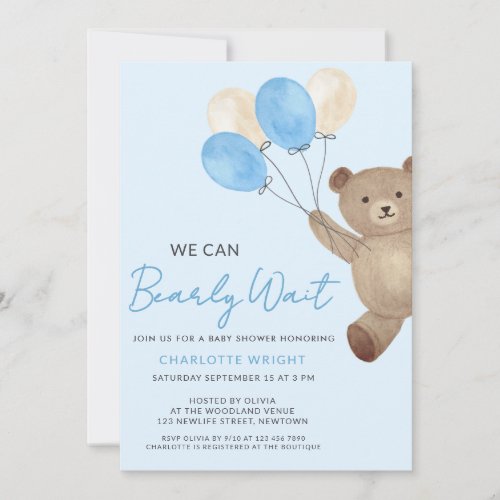 Teddy Bear We Can Bearly Wait Blue Baby Shower Invitation | Z-Feed
