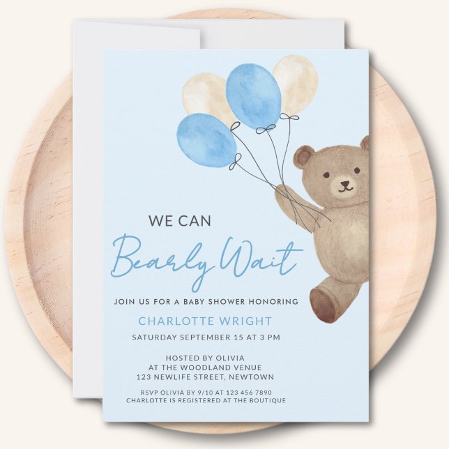 Teddy Bear We Can Bearly Wait Blue Baby Shower Invitation (Creator Uploaded)