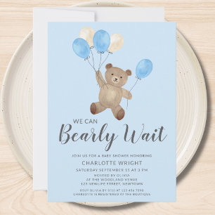 Teddy Bear We Can Bearly Wait Blue Baby Shower Invitation