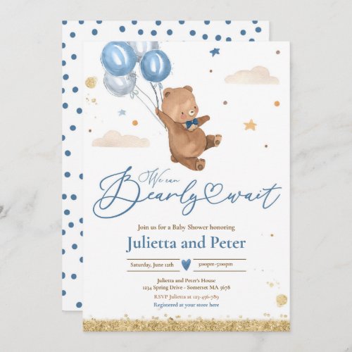 Teddy Bear We Can Bearly Wait Boy Baby Shower Invi Invitation