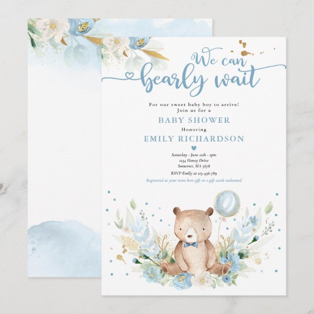 Teddy Bear We Can Bearly Wait Boy Baby Shower Invitation (Front/Back)
