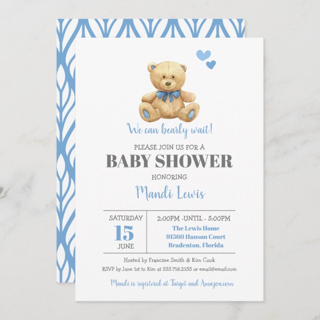 Teddy Bear We Can Bearly Wait Boy Baby Shower  Invitation (Front/Back)