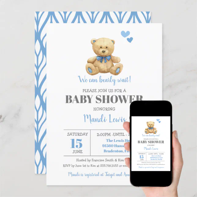 Teddy Bear We Can Bearly Wait Boy Baby Shower Invitation | Zazzle