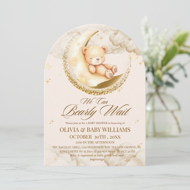 Teddy Bear We can Bearly Wait Boy Baby Shower Invitation (Standing Front)