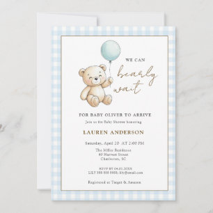 Teddy Bear We can Bearly wait Boy Baby shower Invitation